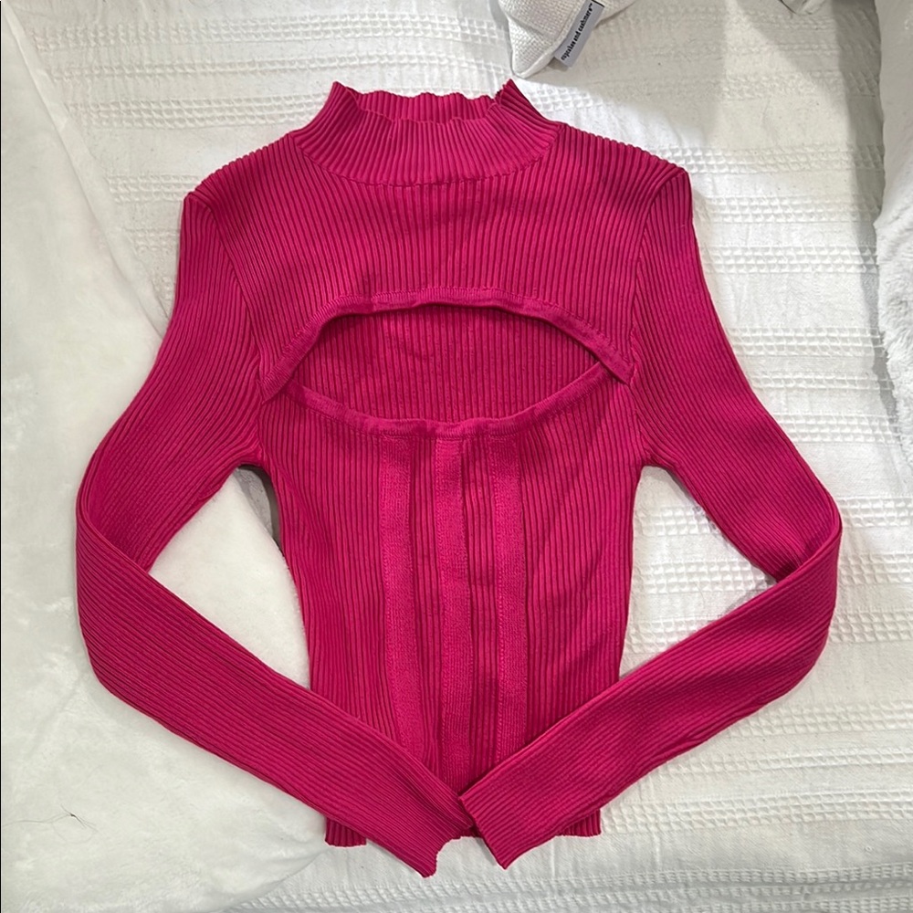 Pink Ribbed Cutout Sweater